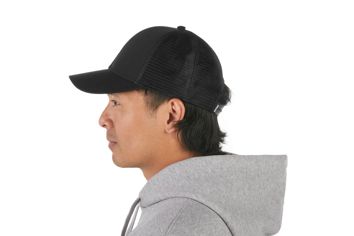 recycled-poly-low-profile-trucker-hat-t1 WebPDP-HAT002002_Recycled_Poly_Low_Profile_Trucker_Hat_Black_Studio_Harper_Studios_0723_Back__HAT002002OS.jpg