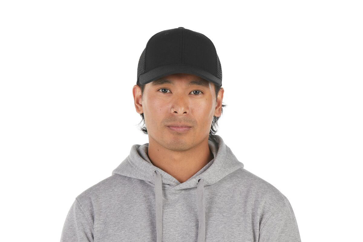 recycled-poly-low-profile-trucker-hat-t1 WebPDP-HAT002002_Recycled_Poly_Low_Profile_Trucker_Hat_Black_Studio_Harper_Studios_0723_Front__HAT002002OS.jpg