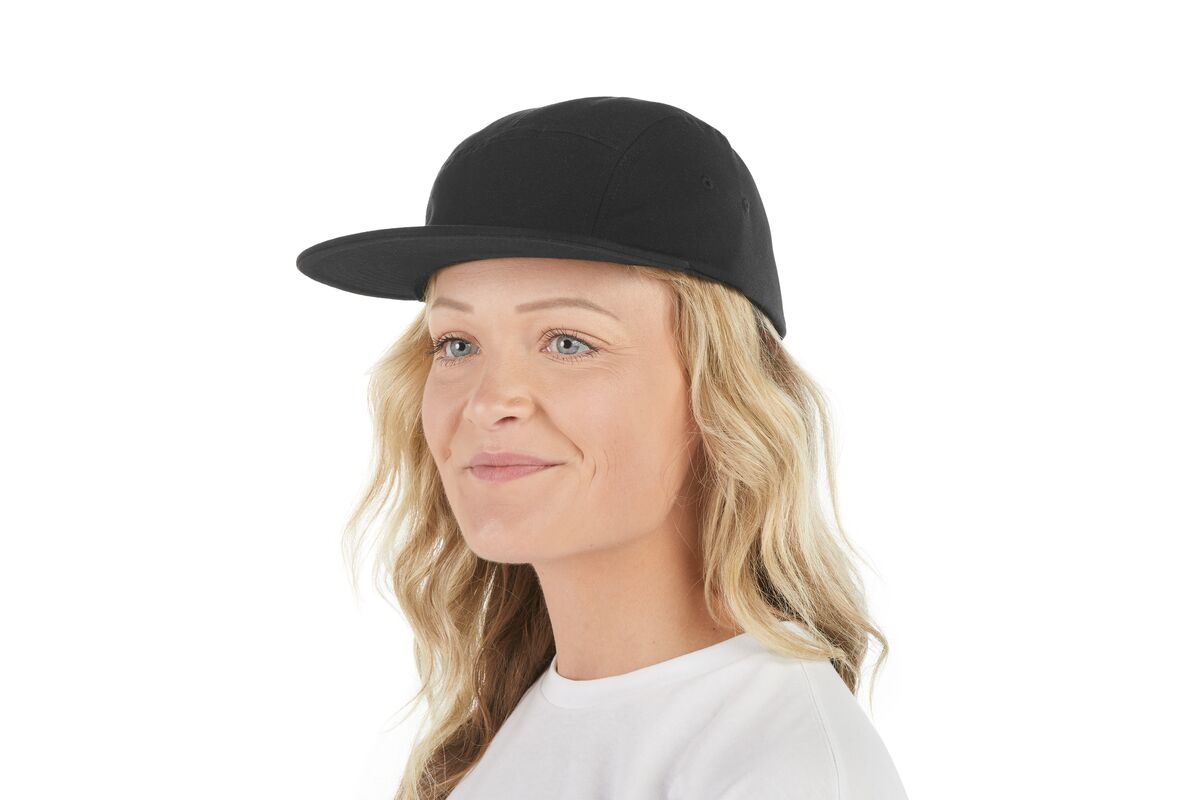 recycled-poly-flat-brim-5-panel-hat-m1 WebPDP-HAT003002_Recycled_Poly_Flat_Brim_5Panel_Hat_Black_Studio_Harper_Studios_0723_Front_2__HAT003002OS.jpg