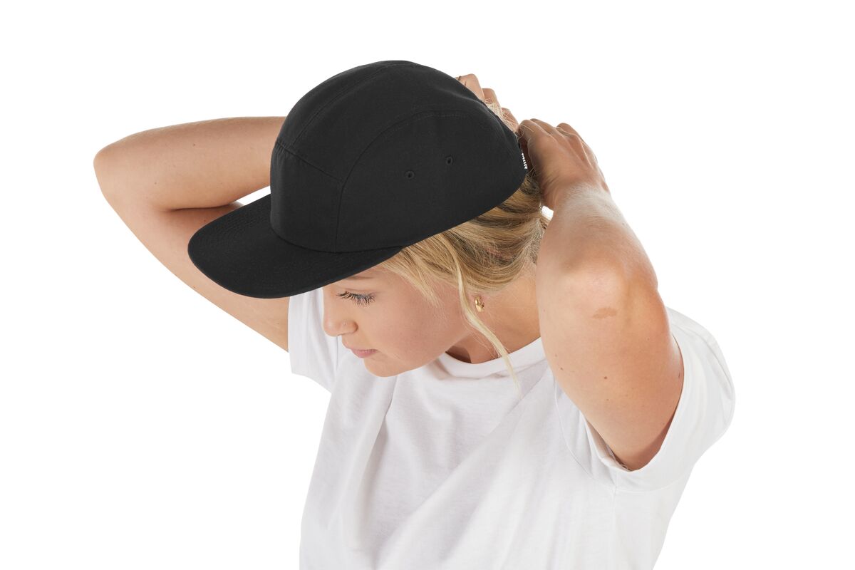recycled-poly-flat-brim-5-panel-hat-m1 WebPDP-HAT003002_Recycled_Poly_Flat_Brim_5Panel_Hat_Black_Studio_Harper_Studios_0723_Side_4__HAT003002OS.jpg